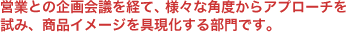 営業との企画会議を経て、様々な角度からアプローチを試み、商品イメージを具現化する部門です。